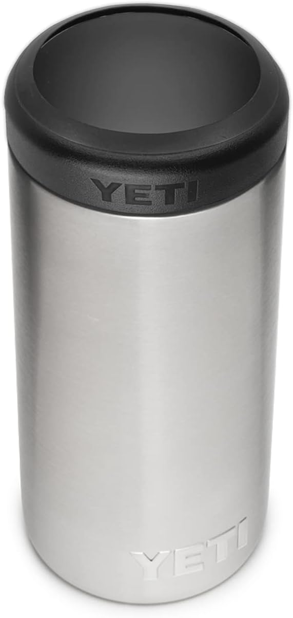 YETI stainless steel mug with black lid on a white background