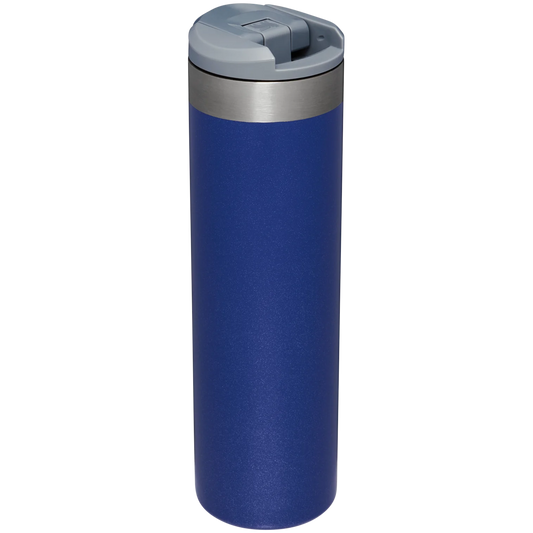 A blue Stanley AeroLight Transit bottle with a stainless steel cap and a logo on the front.
