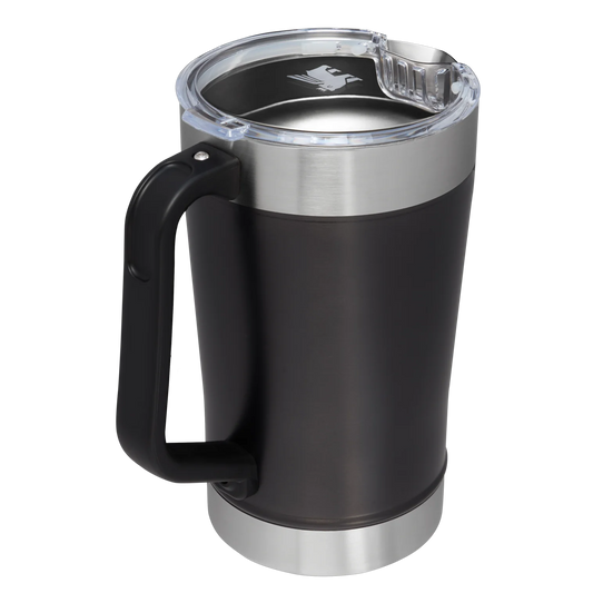 A Black Stanley Classic Pitcher with a stainless steel body and a black handle and lid.