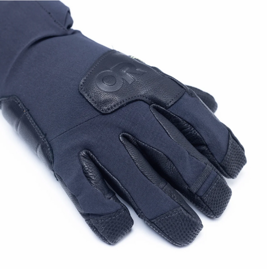 A pair of black women's gloves designed for climbing, with textured leather fingers and a pinky padding on the back of the hand. OUTDOOR RESEARCH
