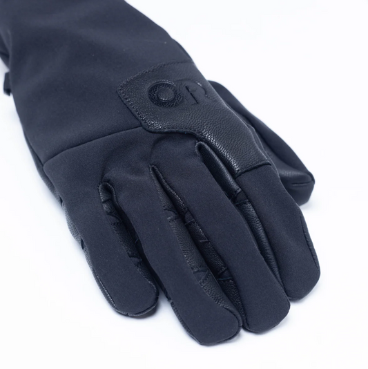 A pair of black women's gloves designed for windproof dexterity, featuring a water-resistant leather palm and fingers, with touchscreen-compatible leather on the thumb and index finger.