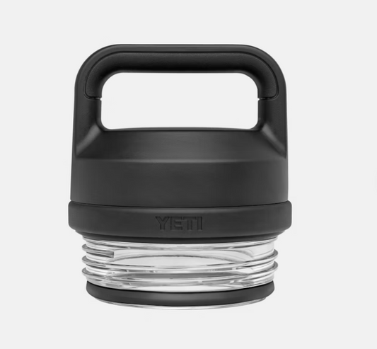 A black YETI bottle chug cap with a handle, designed to fit on a water bottle.