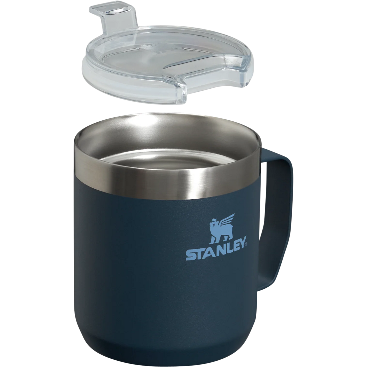 A blue Stanley camp mug with a Tritan lid, featuring double-wall vacuum insulation and the Stanley logo on the front.