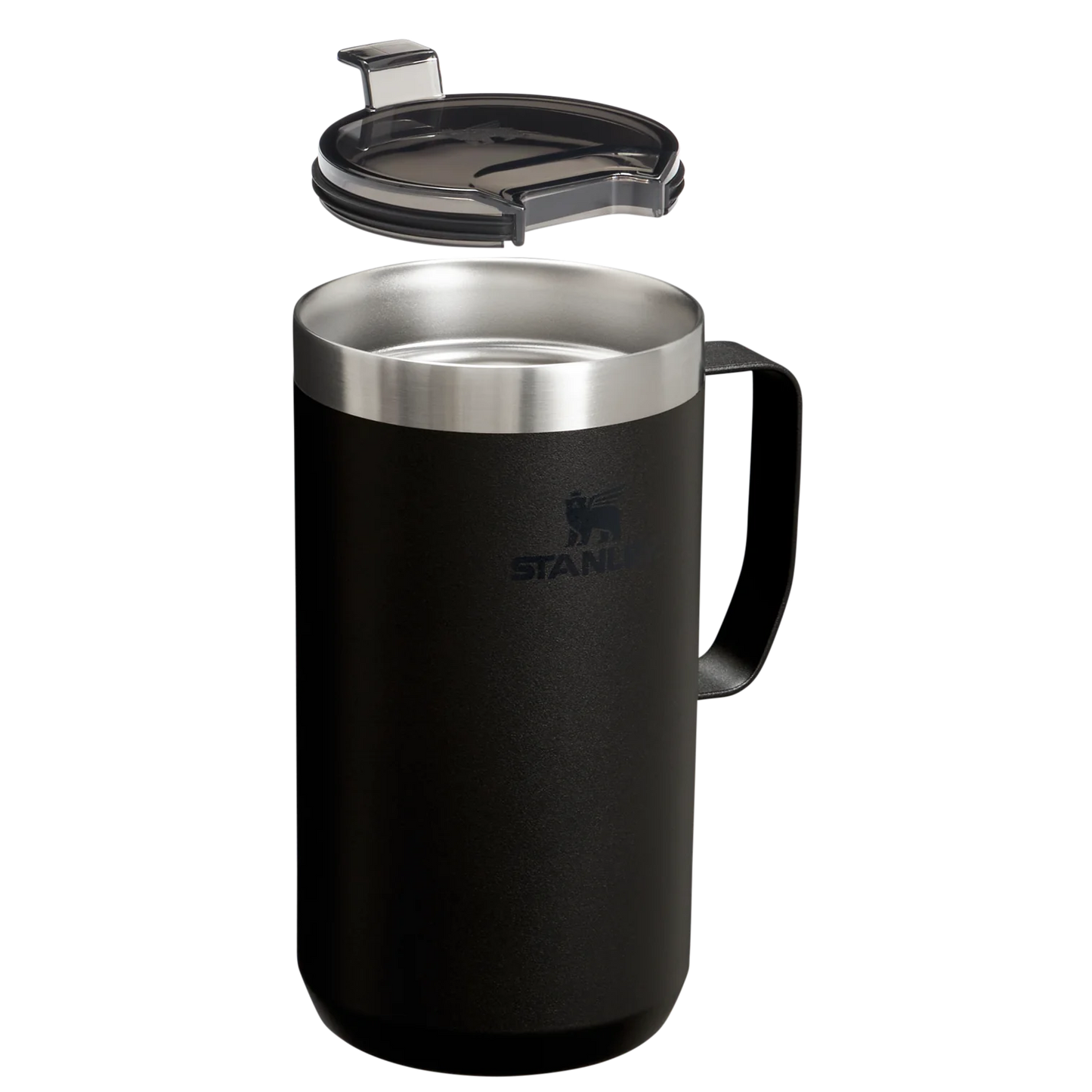 A black Stanley Stay Hot Camp Mug with a Tritan Drink-Thru Lid and double-wall vacuum insulation.