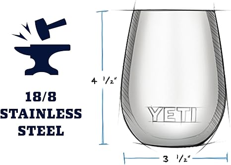 YETI stainless steel tumbler with dimensions and material information on a white background