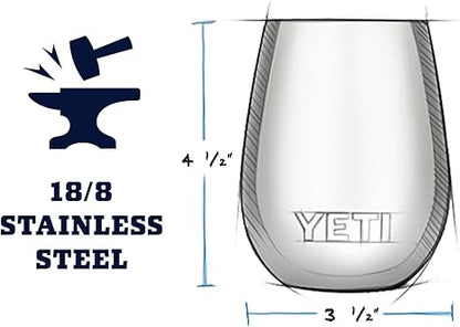 YETI stainless steel tumbler with dimensions and material information on a white background