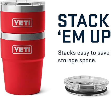 Red YETI tumbler with a clear lid on a white background, featuring text about stackability.