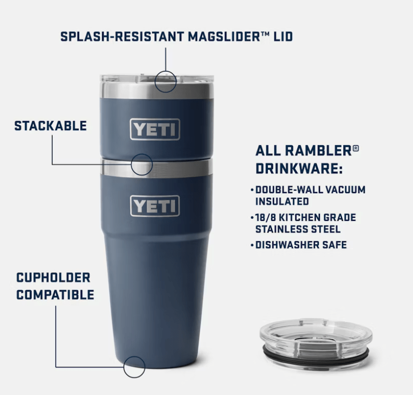 YETI tumbler with features highlighted on a white background