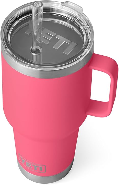 Pink YETI tumbler with handle on a white background35-oz-