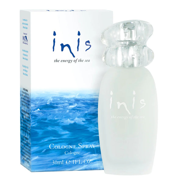 Inis Energy Of The Sea cologne spray bottle with a clear liquid visible, alongside its packaging box featuring the product name and description.