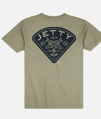 Green t-shirt with a logo on the chest against a white background