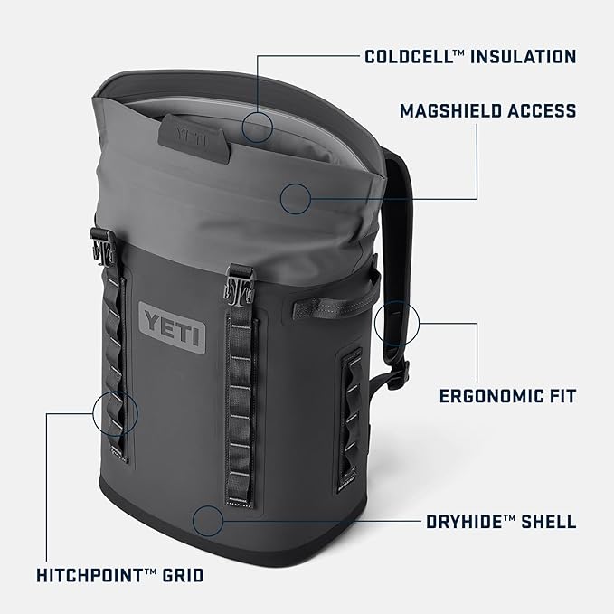 Gray YETI backpack with feature labels 
