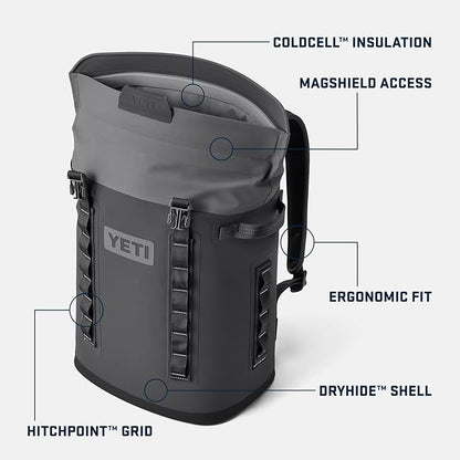Gray YETI backpack with feature labels 