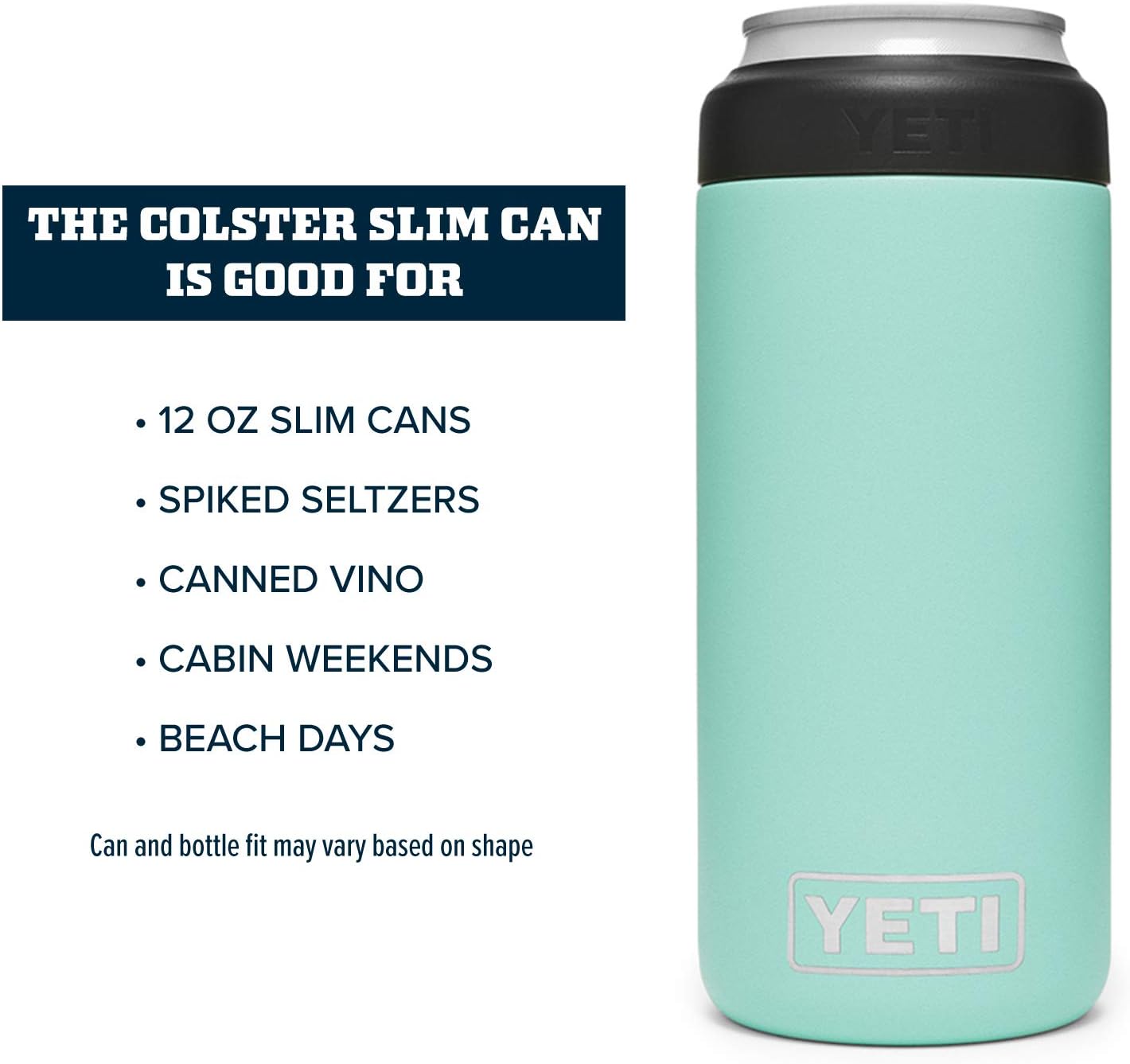 YETI colster slim can cooler with product uses listed 