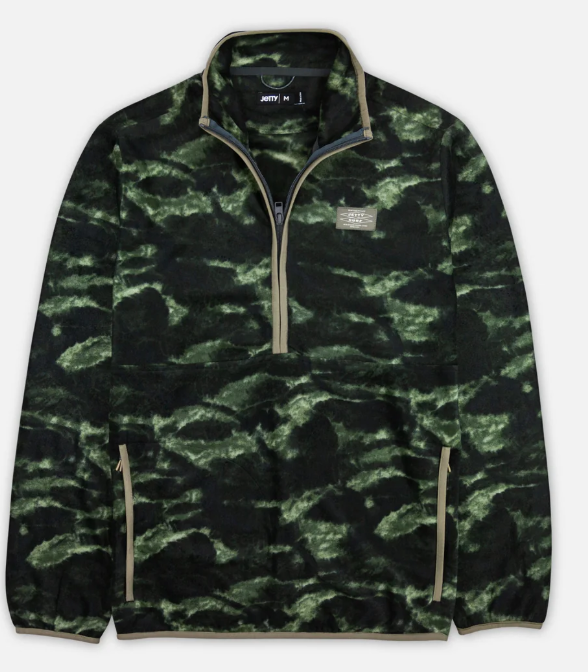 Jetty Green camouflage pullover with a brand label on a white background