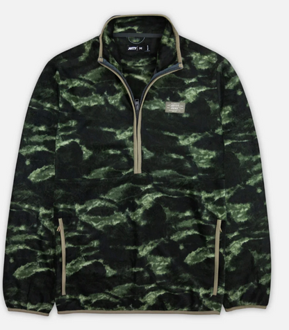 Jetty Green camouflage pullover with a brand label on a white background