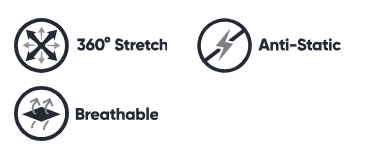 Three icons with text labels for 360° stretch, anti-static, and breathable on a white background.
